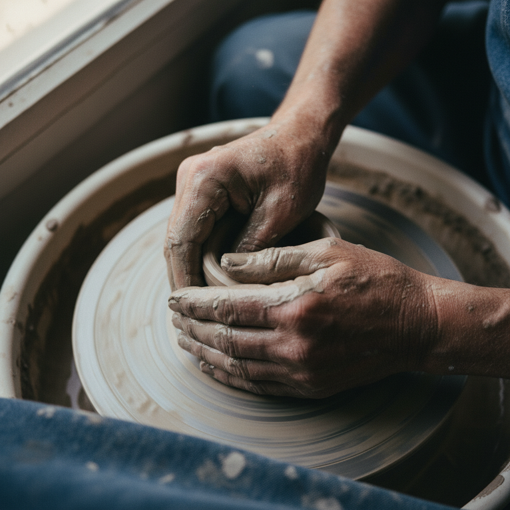 Hands shaping clay on a wheel: the form exists only while the making continues.